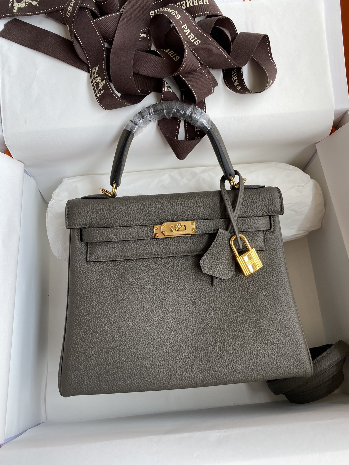 Hermes Kelly 25cm Handbag Shoulder Bag in Dark Grey Togo Leather